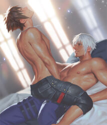 Rule 34 | 2boys, bara, bed, black hair, black pants, closed eyes, indoors, kingdom hearts, large pectorals, looking at another, lying, male focus, multiple boys, muscular, muscular male, nipples, on back, on bed, paid reward available, pants, pectorals, penguin frontier, purple pants, riku (kingdom hearts), short hair, sitting, sitting on person, smile, sora (kingdom hearts), topless male, white hair, yaoi