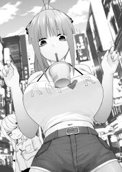Rule 34 | 2girls, bare shoulders, belt, belt buckle, between breasts, blunt bangs, blurry, blurry background, bra strap, breast envy, breasts, buckle, building, butterfly hair ornament, city, clothes writing, cloud, collared shirt, crop top, cup, disposable cup, drinking, drinking straw, fingernails, go-toubun no hanayome, greyscale, hair ornament, hands up, highres, huge breasts, kosmos beta, large breasts, long fingernails, long hair, looking down, midriff peek, monochrome, multiple girls, nakano nino, navel, object on breast, outdoors, ponytail, shirt, short shorts, short sleeves, shorts, sidelocks, solo focus, spanish text, stomach