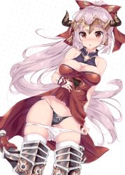 Rule 34 | 10s, 1girl, aliza (granblue fantasy), bad anatomy, bare shoulders, black panties, blush, breasts, cleavage, clothes lift, clothes pull, draph, dress, earrings, fukuda shuushi, granblue fantasy, hair ribbon, headgear, highres, horns, jewelry, large breasts, long hair, looking at viewer, open mouth, panties, pantyshot, pink hair, pointy ears, polka dot, polka dot panties, ponytail, red dress, red eyes, ribbon, shorts, shorts pull, simple background, skirt, skirt lift, solo, thighhighs, underwear, very long hair, white background, white thighhighs