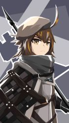 Rule 34 | 1girl, ahoge, arknights, beret, black hat, brown hair, cloak, closed mouth, hair between eyes, hat, highres, holding, holding weapon, justyoki, looking at viewer, looking to the side, multicolored hair, orange eyes, plume (arknights), serious, solo, upper body, weapon, white hair