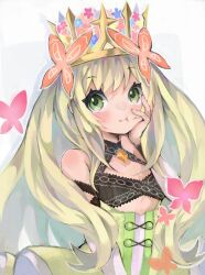 Rule 34 | 1girl, :t, bare shoulders, blonde hair, celine (fire emblem), commentary request, crown, delaware3850, detached sleeves, dress, fire emblem, fire emblem engage, green dress, green eyes, highres, long hair, looking at viewer, nintendo, sleeveless, sleeveless dress, solo, upper body, very long hair