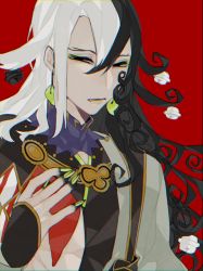 Rule 34 | 1boy, :/, androgynous, ashiya douman (fate), asymmetrical clothes, asymmetrical hair, bell, black eyes, black hair, collar, curly hair, earrings, eyeshadow, fang, fate/grand order, fate (series), fingernails, green eyeshadow, green kimono, green lips, green nails, hadanugi dousa, hair bell, hair intakes, hair ornament, hand on own chest, high collar, highres, japanese clothes, jewelry, jitome, kimono, long hair, magatama, magatama earrings, makeup, male focus, multicolored hair, nail polish, onmyouji, open clothes, open kimono, purple collar, red background, ribbed sleeves, serious, sharp fingernails, split-color hair, squinting, toned, toned male, traditional clothes, trap, very long fingernails, very long hair, yokuhaku