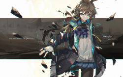 Rule 34 | 1girl, 2019, absurdres, amiya (arknights), animal ears, arknights, artist name, ascot, black jacket, black pantyhose, blue ascot, blue eyes, blue skirt, blurry, blurry background, brown hair, choker, closed mouth, commentary, cowboy shot, english text, frilled ascot, frills, hair between eyes, highres, jacket, long hair, looking at viewer, miniskirt, open clothes, open jacket, panties, panties under pantyhose, pantyhose, qtian, rabbit ears, shirt, sidelocks, skirt, solo, underwear, white shirt