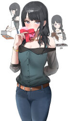 Rule 34 | 1girl, absurdres, arm behind back, baking sheet, belt, black hair, blush, box, bracelet, brown belt, chocolate, clothing cutout, cooking, cooking pot, covering own mouth, denim, grey eyes, heart-shaped box, highres, holding cooking pot, idolmaster, idolmaster shiny colors, jeans, jewelry, kazano hiori, long hair, long sleeves, looking at viewer, pants, pdal (pdalhhh), shirt, shoulder cutout, valentine