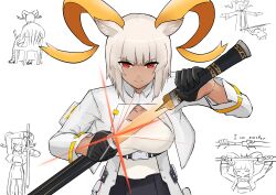 Rule 34 | 1girl, absurdres, animal ears, arknights, black gloves, breasts, carnelian (arknights), chair, dark skin, english text, gloves, goat ears, goat girl, goat horns, gold horns, highres, holding, holding sword, holding weapon, horns, kagurabachi, kagurabachi pose (meme), long sleeves, looking at viewer, medium breasts, multiple views, partially colored, red eyes, sheath, sitting, sketch, sword, toyyot, unsheathing, upper body, weapon