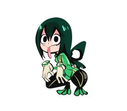 Rule 34 | 10s, 1girl, asui tsuyu, black eyes, bodysuit, boku no hero academia, breasts, full body, gloves, green bodysuit, green footwear, green hair, hands up, herny, long hair, long sleeves, long tongue, looking at viewer, simple background, small breasts, solo, spread legs, squatting, tongue, tongue out, white background, white gloves