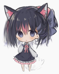 Rule 34 | 1girl, :o, animal ear fluff, animal ears, bad id, bad pixiv id, barefoot, black dress, black hair, blue bow, blush, bow, braid, chibi, collared shirt, cottontailtokki, dress, full body, grey background, hair between eyes, hair bow, highres, horns, long hair, long sleeves, looking at viewer, multicolored hair, original, parted lips, puffy long sleeves, puffy sleeves, red hair, shirt, simple background, sleeveless, sleeveless dress, sleeves past fingers, sleeves past wrists, solo, standing, two-tone hair, white shirt