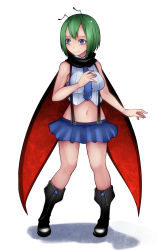 Rule 34 | 1girl, adapted costume, antennae, aoshima, bare arms, bare shoulders, black footwear, blue eyes, blue necktie, blue skirt, blush, boots, breasts, cape, closed mouth, crop top, full body, green hair, hair between eyes, highres, looking away, medium breasts, navel, necktie, shirt, short hair, skirt, sleeveless, sleeveless shirt, smile, solo, standing, stomach, suspender skirt, suspenders, touhou, white shirt, wriggle nightbug