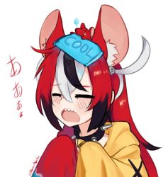 Rule 34 | 1girl, animal ears, blush, closed eyes, collar, facing viewer, hair between eyes, hair down, hakos baelz, hololive, hololive english, long hair, long sleeves, mouse (animal), mouse ears, multicolored hair, open mouth, red hair, sharp teeth, simple background, sleeves past fingers, sleeves past wrists, solo, spiked collar, spikes, streaked hair, teeth, twitter username, upper body, virtual youtuber, white background, yoako