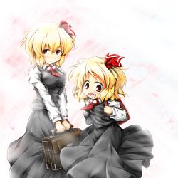 Rule 34 | 2girls, bag, black dress, blonde hair, blush, dress, dual persona, embodiment of scarlet devil, fang, female focus, hair ribbon, multiple girls, multiple persona, aged up, open mouth, red eyes, red star (toranecomet), ribbon, rumia, school bag, smile, touhou