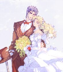 Rule 34 | 1boy, 1girl, black pants, blonde hair, blue eyes, bouquet, breasts, commentary request, couple, dress, erina pendleton, flower, formal, hand on another&#039;s hip, hat, hetero, holding, holding bouquet, holding clothes, holding hat, husband and wife, jojo no kimyou na bouken, jonathan joestar, kusamura dai, long hair, long sleeves, looking at viewer, medium breasts, muscular, muscular male, pants, phantom blood, short hair, smile, unworn hat, unworn headwear, wedding dress, white dress