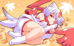 Rule 34 | 1girl, :&lt;, ;&lt;, animal ears, ass, bad id, bad pixiv id, bare shoulders, detached sleeves, dog ears, feet, japanese clothes, kitsune choukan, legs, lying, obebe (kitsune choukan), on side, one eye closed, original, red eyes, red scarf, scarf, solo, tabi, tail, white hair, wink