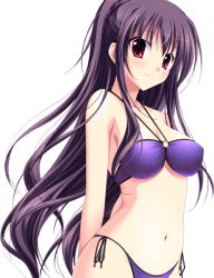 Rule 34 | 00s, 1girl, atelier kaguya, bare shoulders, bikini, blush, braid, breasts, choco chip, cleavage, closed mouth, covered erect nipples, dutch angle, feet out of frame, female focus, game cg, hair between eyes, large breasts, lips, long hair, looking at viewer, navel, prima stella, purple hair, red eyes, shade, simple background, smile, solo, standing, stomach, swimsuit, tachi-e, takasu miyabi, transparent background