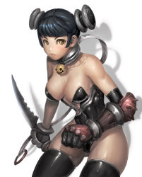 Rule 34 | 1girl, armor, bare shoulders, black hair, breasts, brown eyes, collar, gloves, knife, large breasts, leotard, lips, nax, reverse grip, short hair, solo, strapless, thighhighs