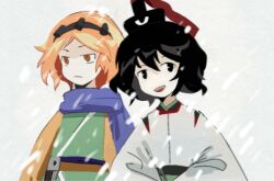Rule 34 | 2others, black eyes, black hair, black hairband, black headwear, closed mouth, cocopalm, commentary, detached sleeves, eye of senri, frown, green kimono, hairband, hat, hat ribbon, japanese clothes, kariginu, kimono, len&#039;en, long sleeves, looking ahead, looking at viewer, multiple others, open mouth, orange eyes, orange hair, orange sleeves, other focus, purple scarf, red ribbon, ribbon, scarf, senri tsurubami, short hair, smile, snowing, teeth, upper body, upper teeth only, white background, white sleeves, zuifeng tenkai