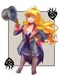 Rule 34 | 1girl, ;d, ahoge, black coat, black hat, blonde hair, blush, breasts, brown pantyhose, cleavage, coat, collarbone, cropped legs, epaulettes, hand on own hip, hat, highres, holding, holding clothes, holding hat, iesupa, jacket, long hair, long sleeves, looking at viewer, medium breasts, military jacket, one eye closed, open clothes, open coat, open mouth, outside border, pantyhose, pantyhose under shorts, prosthesis, prosthetic arm, purple eyes, round teeth, rwby, shorts, sleeve cuffs, smile, solo, standing, teeth, top hat, unworn hat, unworn headwear, very long hair, voice actor connection, white shorts, yang xiao long