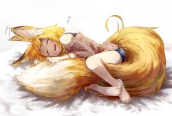 Rule 34 | 1girl, animal ear fluff, animal ears, bare legs, bare shoulders, barefoot, between legs, blonde hair, closed eyes, ear wiggle, fang, feet, fox ears, fox girl, fox tail, hugging tail, jaco, large tail, lying, motion lines, on side, open mouth, original, shirt, short hair, sleeping, smile, solo, tail, toes, two-tone tail