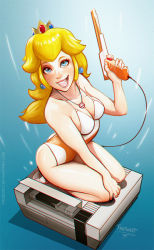 Rule 34 | 1girl, blonde hair, blue eyes, breasts, cleavage, controller, crown, earrings, freckles, game console, game controller, gun, jewelry, lips, mario (series), necklace, nes, nintendo, nose, one-piece swimsuit, open mouth, pendant, princess peach, sitting, solo, swimsuit, wariza, weapon