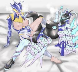Rule 34 | absurdres, armor, armored gloves, arthropod girl, bed, bed frame, bed sheet, bedroom, blue eyes, blue hair, breasts, bug, butterfly, coat, covered eyes, crossover, digimon, digimon story: cyber sleuth, digimon story: cyber sleuth hacker&#039;s memory, dragon, dragon girl, dragon tail, feet, female ejaculation, female focus, female orgasm, fur-trimmed coat, fur trim, gosunpa, hands on legs, helmet, helmet over eyes, highres, hudiemon, insect, insect wings, large breasts, nipples, open mouth, orgasm, pussy, pussy juice, pussy on pussy, pussy rub, rubbing, sandals, sex, short hair, squirting liquid, swordsoul (yu-gi-oh!), swordsoul of mo ye, tail, thick thighs, thighhighs, thighs, tribadism, wings, yu-gi-oh!, yuri