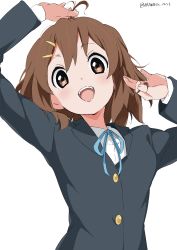 Rule 34 | 1girl, :d, absurdres, arm up, blazer, blue jacket, blue ribbon, brown eyes, brown hair, commentary request, hair ornament, hairclip, highres, hirasawa yui, holding, holding own hair, jacket, k-on!, long sleeves, looking at viewer, neck ribbon, open mouth, ribbon, sakuragaoka high school uniform, school uniform, shirt, short hair, simple background, smile, solo, teeth, upper body, upper teeth only, white background, white gorilla (okamoto), white shirt