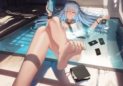 Rule 34 | 1girl, barefoot, bath, black necktie, blue hair, bracelet, breasts, cellphone, cleavage, closed eyes, collared shirt, danzir, feet, highres, jewelry, large breasts, light blue hair, long hair, necktie, original, partially submerged, partially unbuttoned, phone, scenery, see-through, see-through shirt, shadow, shirt, soles, solo, sunlight, thighs, wallet, water, wet