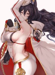 Rule 34 | 1girl, animal ears, arched back, arm up, armpits, ass, bare shoulders, black gloves, black hair, breasts, brown eyes, cape, commentary, detached sleeves, erune, from side, gloves, granblue fantasy, hair between eyes, hews, highres, ilsa34660285, long hair, looking at viewer, looking to the side, medium breasts, sideboob, simple background, smile, solo, sweat, white background