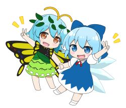 2girls :d antennae barefoot blue_bow blue_dress blue_eyes blue_hair blush_stickers bow brown_eyes butterfly_wings cirno collared_shirt commentary_request dress eternity_larva full_body green_dress hair_bow highres holding_hands ice ice_wings insect_wings leaf leaf_on_head looking_at_viewer multiple_girls neck_ribbon open_mouth outstretched_arm puffy_short_sleeves puffy_sleeves red_ribbon ribbon rizleting shirt short_hair short_sleeves simple_background smile touhou v white_background white_footwear white_shirt wings