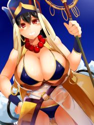 Rule 34 | 1girl, bead necklace, beads, bikini, bikini top only, black hair, blue bikini, breasts, cleavage, day, earrings, facominn, fate/grand order, fate (series), gold trim, hair between eyes, hat, highres, hoop earrings, huge breasts, jewelry, necklace, outdoors, prayer beads, red eyes, shakujou, solo, staff, swimsuit, xuangzang sanzang (fate)