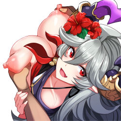 Rule 34 | 1girl, blush, grabbing another&#039;s breast, breasts, commentary request, deep skin, draph, fang, flower, from above, grabbing, grabbing from behind, granblue fantasy, grey hair, groping, hair between eyes, hair flower, hair ornament, hibiscus, horns, large breasts, long hair, looking at viewer, looking up, nipples, open mouth, red eyes, simple background, smile, swimsuit, tenken (gotannda), threo (eternal&#039;s summer vacation) (granblue fantasy), threo (granblue fantasy), white background