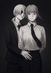 Rule 34 | 2girls, arms behind back, black necktie, black pants, black suit, braid, braided ponytail, breasts, brown hair, business suit, chainsaw man, collared shirt, couple, dark background, eyepatch, formal, hand on another&#039;s waist, high-waist pants, highres, light smile, long hair, long sleeves, makima (chainsaw man), medium breasts, monochrome, multiple girls, necktie, office lady, pants, ponytail, quanxi (chainsaw man), ringed eyes, shirt, shirt tucked in, smile, suit, white shirt, yuko666, yuri