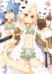 Rule 34 | 3girls, :d, albireo (yumekui merry), animal ears, bad id, bad pixiv id, bell, neck bell, blonde hair, blue hair, breasts, cat ears, cat tail, collar, dual wielding, elbow gloves, gloves, holding, knife, looking back, mask, multiple girls, navel, open mouth, paw print, rana (yumekui merry), small breasts, smile, spica (yumekui merry), tail, takuan (takuan0907), underboob, yellow eyes, yumekui merry