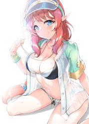 Rule 34 | 1girl, absurdres, bare legs, bikini, black bikini, blue eyes, blue flower, blue hat, blush, braid, breasts, brown hair, cleavage, closed mouth, collarbone, commentary request, flower, hair flower, hair ornament, hand up, hat, highres, holding, holding whistle, large breasts, long hair, looking at viewer, medium hair, misato (princess connect!), misato (summer) (princess connect!), multicolored hair, navel, open clothes, pointy ears, princess connect!, red hair, see-through, see-through shirt, shirt, short sleeves, shorts, simple background, sitting, smile, solo, split mouth, stomach, striped, swimsuit, visor cap, wariza, whistle, white bikini, white flower, white shorts, xin (zinc)