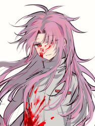 Rule 34 | 1boy, antenna hair, blood, blood on clothes, blood on face, hatsutori hajime, highres, hua mian, long hair, long sleeves, male focus, parted bangs, pink hair, red eyes, saibou shinkyoku, shirt, simple background, sketch, smile, solo, upper body, white background, white shirt