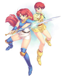 Rule 34 | 2girls, amu brand, amu yoshuna brand, armor, boots, capelet, holding, holding sword, holding weapon, knee boots, lena brand, long hair, mugen senshi valis, multiple girls, pauldrons, ponytail, red hair, short hair, shoulder armor, siblings, simple background, sisters, sword, thigh boots, thighhighs, tunic, two-handed, uchiu kazuma, valis, valis iv, valis sword, very long hair, weapon, white background