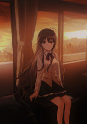 Rule 34 | 1girl, absurdres, antenna hair, black skirt, bow, braid, breasts, brown eyes, brown hair, brown vest, character request, chihuri, cloud, cloudy sky, collared shirt, commentary request, curtains, dress shirt, hair between eyes, highres, long hair, looking at viewer, parted lips, pleated skirt, red bow, sayonara wo oshiete, shirt, side braids, sitting, skirt, sky, small breasts, smile, solo, sugamo mutsuki, sunset, twin braids, very long hair, vest, white shirt