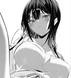 Rule 34 | black hair, blush, breasts, camisole, cardigan, collarbone, commentary request, greyscale, hair between eyes, hair ribbon, hiiragi yuuichi, large breasts, long hair, looking at viewer, monochrome, off shoulder, original, parted lips, ribbon, single bare shoulder, takamine takane, thighs, upper body