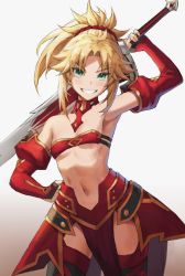 Rule 34 | 1girl, absurdres, bandeau, bare shoulders, blonde hair, blush, braid, breasts, bridal gauntlets, clarent (fate), collarbone, detached sleeves, fate/apocrypha, fate (series), french braid, gradient background, green eyes, grin, hair ornament, hair scrunchie, hand on own hip, highres, long hair, looking at viewer, mordred (fate), mordred (fate/apocrypha), navel, parted bangs, pelvic curtain, ponytail, red scrunchie, scrunchie, sidelocks, small breasts, smile, solo, sword, thighs, tonee, v-shaped eyebrows, weapon, white background