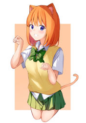 Rule 34 | 1girl, animal ear fluff, animal ears, auui, blue eyes, blush, bow, breasts, brown background, cat ears, cat girl, cat tail, collared shirt, commentary request, cropped legs, dress shirt, go-toubun no hanayome, green bow, green skirt, grin, hands up, highres, kemonomimi mode, looking at viewer, nakano yotsuba, orange hair, paw pose, pleated skirt, shirt, skirt, small breasts, smile, solo, sweater vest, tail, two-tone background, white background, white shirt