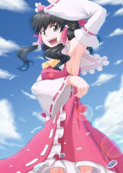Rule 34 | 1girl, absurdres, arm up, armpits, ascot, black hair, blue sky, breasts, brown eyes, clothes lift, cloud, day, detached sleeves, female focus, hair ribbon, hair tubes, hakurei reimu, highres, japanese clothes, lens flare, medium breasts, midriff, miko, nazal, open mouth, outdoors, ribbon, shirt, sideboob, skirt, skirt hold, skirt lift, skirt set, sky, smile, solo, touhou, water