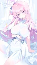 Rule 34 | 1girl, absurdres, angel wings, blue archive, blush, breasts, covered navel, cowboy shot, crescent, crescent pin, dress, feathered wings, flower, hair bun, hair flower, hair ornament, halo, highres, large breasts, long hair, meunhongcha, mika (blue archive), open mouth, pink hair, pink halo, purple flower, single side bun, sleeveless, sleeveless dress, solo, white dress, white wings, wings, yellow eyes