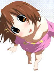 Rule 34 | 00s, 1girl, barefoot, blush, breasts, brown eyes, brown hair, cleavage, downblouse, from above, hair ornament, hairclip, head tilt, hirasawa yui, k-on!, looking at viewer, medium breasts, no bra, off shoulder, open mouth, short hair, single bare shoulder, smile, solo, standing, toku sonchou