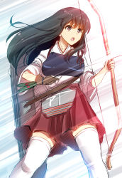 Rule 34 | 10s, 1girl, absurdres, akagi (aircraft carrier), akagi (kancolle), archery, arrow (projectile), blush, bow (weapon), brown eyes, brown hair, gloves, highres, japanese clothes, kantai collection, kyuudou, long hair, muneate, open mouth, partially fingerless gloves, partly fingerless gloves, personification, single glove, skirt, solo, thighhighs, weapon, white thighhighs, youshuu, yugake