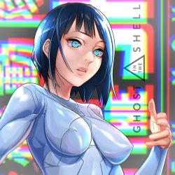 Rule 34 | 1girl, alcoholrang, aqua eyes, black hair, bodysuit, breasts, copyright name, covered erect nipples, ghost in the shell, ghost in the shell (2017), impossible bodysuit, impossible clothes, kusanagi motoko, medium breasts, parted lips, psychedelic, solo, upper body