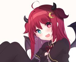 Rule 34 | 1girl, :d, ahoge, black capelet, black dress, black pantyhose, blush, breasts, brown background, brown wings, capelet, cleavage, crescent, crescent hair ornament, demon girl, demon horns, demon wings, dress, frilled capelet, frills, hair between eyes, hair intakes, hair ornament, head tilt, heart, heart-shaped pupils, heterochromia, highres, horns, knees up, long hair, looking at viewer, neck ribbon, nekomitei, nijisanji, open mouth, pantyhose, red eyes, red hair, red ribbon, ribbon, simple background, small breasts, smile, solo, symbol-shaped pupils, two side up, virtual youtuber, wings, yuzuki roa