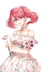 Rule 34 | 1girl, alternate costume, character name, choker, commentary, dress, english commentary, floral print, flower, flower request, frilled choker, frills, hair ornament, hands up, highres, hiiragi yuzu, holding, holding flower, looking at viewer, medium hair, naoki (2rzmcaizerails6), open mouth, pink flower, pink hair, pink ribbon, puffy short sleeves, puffy sleeves, purple eyes, ribbon, ribbon choker, short sleeves, simple background, smile, solo, spaghetti strap, twintails, upper body, white background, white choker, yu-gi-oh!, yu-gi-oh! arc-v