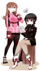 Rule 34 | 10s, 2girls, alternate costume, backpack, bag, black eyes, black hair, braid, brown eyes, brown hair, casual, drinking, full body, hime cut, jacket, kantai collection, kitakami (kancolle), looking at viewer, magazine (object), mato tsuyoi, multiple girls, ooi (kancolle), pants, sitting, sportswear, thermos, thigh strap, track jacket, yoga pants