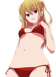 Rule 34 | 1girl, alternate costume, bikini, blonde hair, blush, breasts, commentary request, cowboy shot, disgust, halterneck, highres, hoshino ruby, kusana (kusana47454281), long hair, looking at viewer, looking down, medium breasts, mismatched pupils, navel, one side up, oshi no ko, parted lips, red bikini, red eyes, side-tie bikini bottom, sideboob, simple background, solo, star-shaped pupils, star (symbol), stomach, string bikini, swimsuit, symbol-shaped pupils, underboob, white background