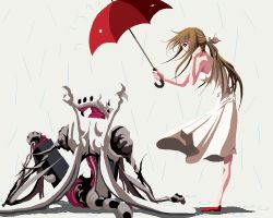 Rule 34 | 1girl, aged up, bare legs, brown hair, dress, eye contact, full body, half updo, leaning forward, long hair, looking at another, lowres, monster, on floor, ponytail, rain, red footwear, red umbrella, role reversal, short dress, sidelocks, simple background, sitting, standing, tsukumo (soar99), umbrella, white dress, wind