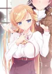 Rule 34 | 1boy, 1girl, araragi ayune, belt, belt buckle, black hair, blonde hair, blue eyes, blush, bolo tie, braid, breasts, buckle, buttons, capelet, clothes pull, coat, collar, dress, dress shirt, finger to mouth, hand in own hair, head out of frame, head tilt, high belt, high collar, jitome, lace, large breasts, long hair, looking away, original, puffy sleeves, pulling, red belt, rinna milford, shirt, shirt pull, taut clothes, taut shirt, trench coat, underbust, upper body, window