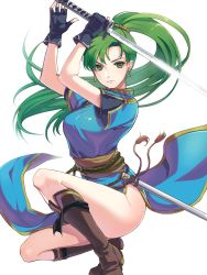 Rule 34 | 1girl, arms up, ass, bad id, bad twitter id, bare legs, black gloves, blue dress, boots, breasts, brown footwear, closed mouth, dress, earrings, fingerless gloves, fire emblem, fire emblem: the blazing blade, floating hair, full body, gloves, green eyes, green hair, high ponytail, highres, holding, holding sword, holding weapon, jewelry, katana, kokouno oyazi, large breasts, legs, long hair, looking at viewer, lyn (fire emblem), matching hair/eyes, nintendo, no panties, pelvic curtain, ponytail, sheath, shiny , shiny katana, shiny sword, short sleeves, side slit, smile, solo, squatting, sword, thighs, very long hair, weapon